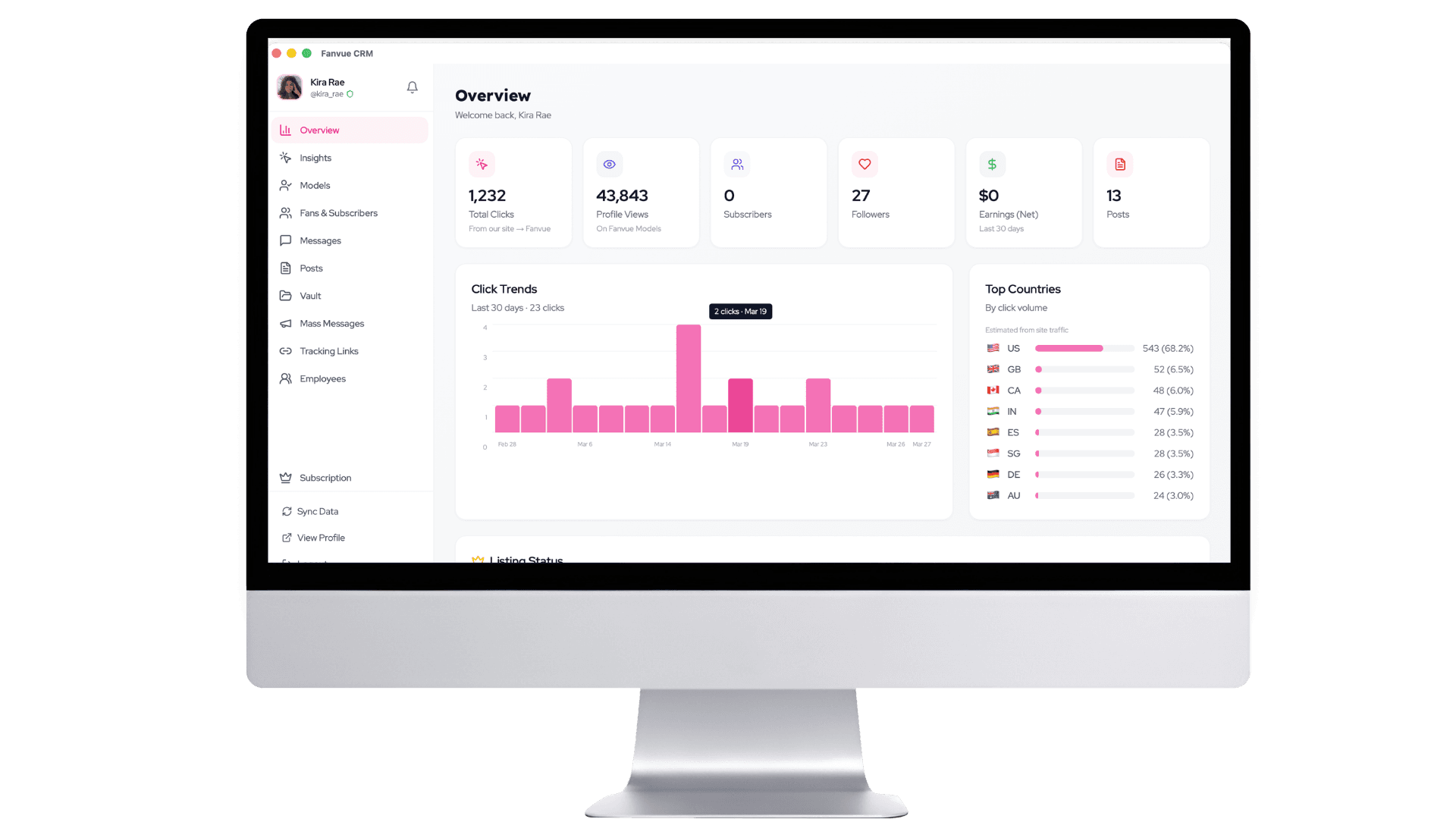 FanvueModels CRM — Creator Overview Dashboard